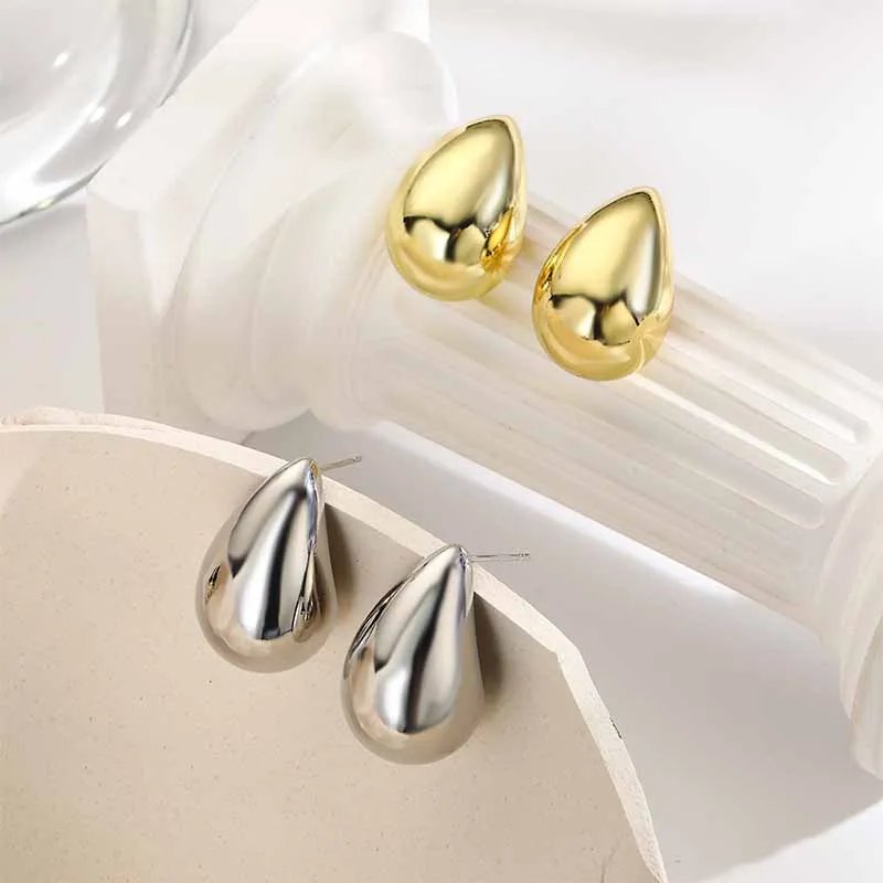 Vintage Gold Color Chunky Water Drop Dome Stud Earrings for Women   Metal Glossy Thick  Teardrop Earrings Jewelry Gift