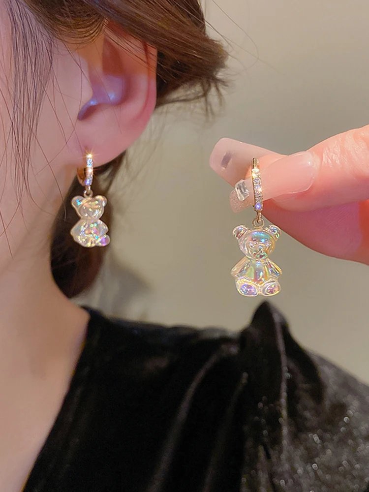 Cute Bear Earrings For Women Shiny Zircon Earrings 2023 New Trendy Golden Copper Drop Earring Party Wedding Jewelry Girls Gifts