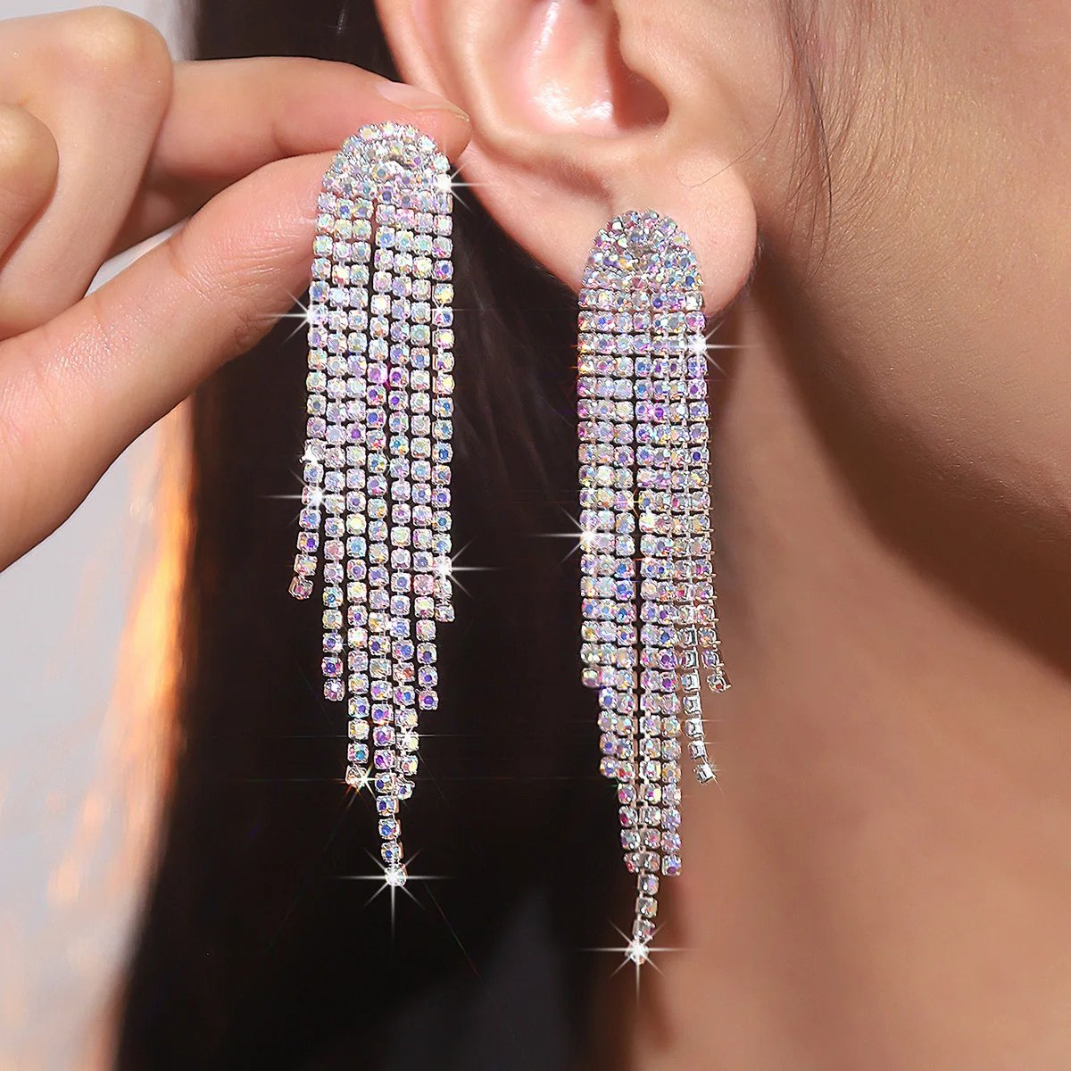 Shine Long Tassel Rhinestone Drop Earrings for Women AB Colourful Silver Color Crystal Dangle Earring Party Wedding Jewelry