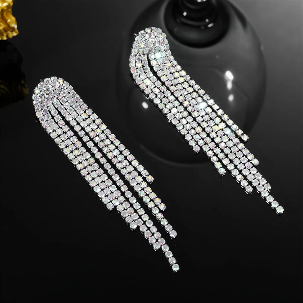 Shine Long Tassel Rhinestone Drop Earrings for Women AB Colourful Silver Color Crystal Dangle Earring Party Wedding Jewelry