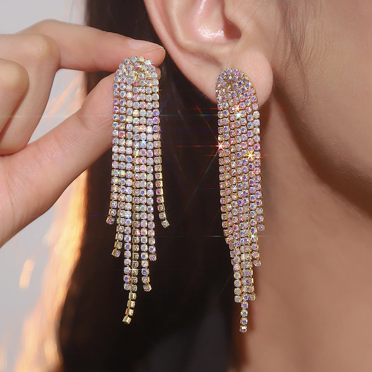 Shine Long Tassel Rhinestone Drop Earrings for Women AB Colourful Silver Color Crystal Dangle Earring Party Wedding Jewelry