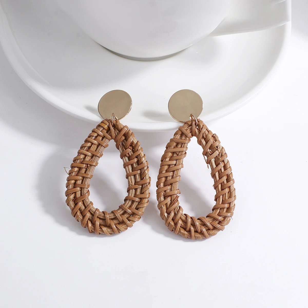 AENSOA Boho Handmade Geometric Wooden Rattan Braid Drop Earrings for Women Ethnic Bohemia Statement Earring Wholesale Jewelry