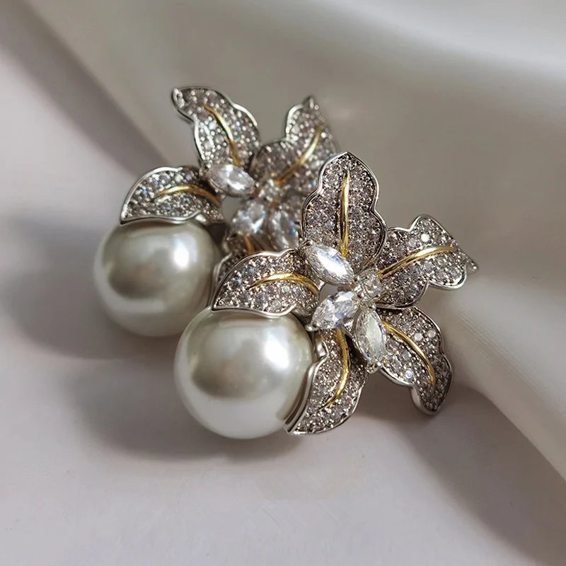 Huitan Hot Two Tone Flower Simulated Pearl Earrings for Women Aesthetic Lady's Ear Accessories Wedding Party Statement Jewelry