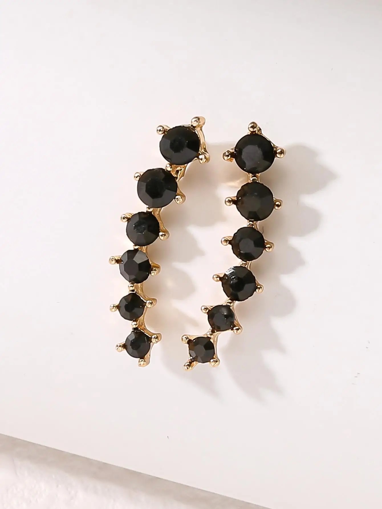 2 Gold Color Black White Gem 6 Rhinestone Ear Clip Earrings Women's Simple Fashion Personality Student Girl Party Business All-m