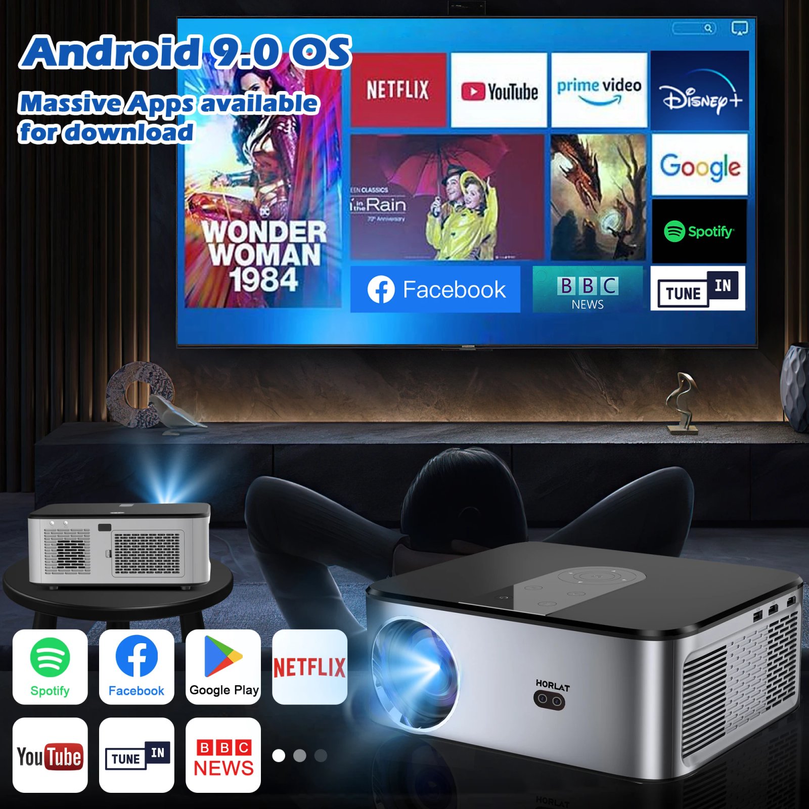 HORLAT 21000Lumenes Android 4K LED Projector 800ANSI Full HD 1080P Video Home Theater Auto Keystone 5G WiFi Portable Proyector