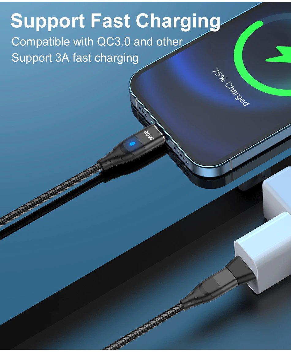 60W Magnetic Cable Fast Charging USB C To TypeC Micro Magnetic Data Cord For iPhone Samsung Magnet Charger Wire USB A Adapter