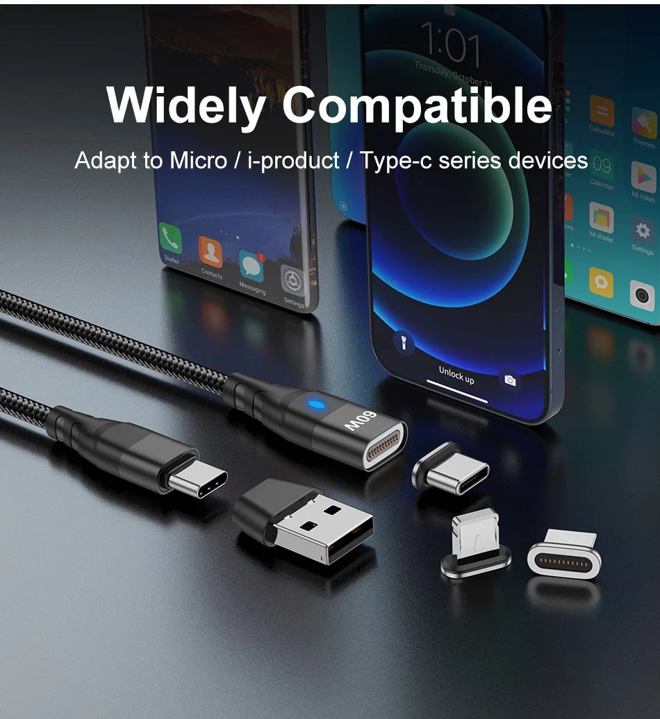 60W Magnetic Cable Fast Charging USB C To TypeC Micro Magnetic Data Cord For iPhone Samsung Magnet Charger Wire USB A Adapter