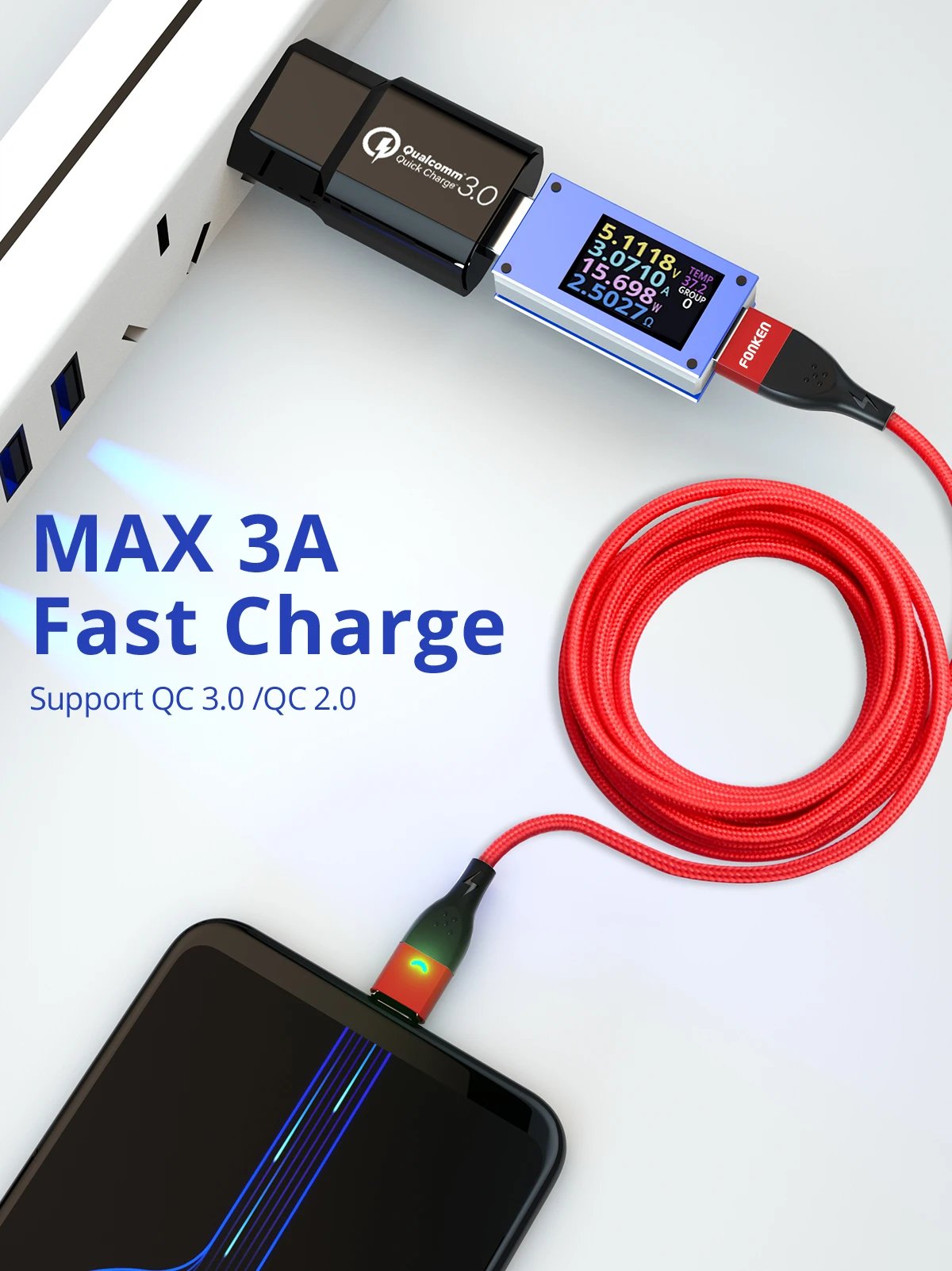 FONKEN Magnetic Cable 3A USB Magnetic Phone Charger Data Cord USB Type C Cable Magnet Fast Charging Cable Micro USB Charge Wire