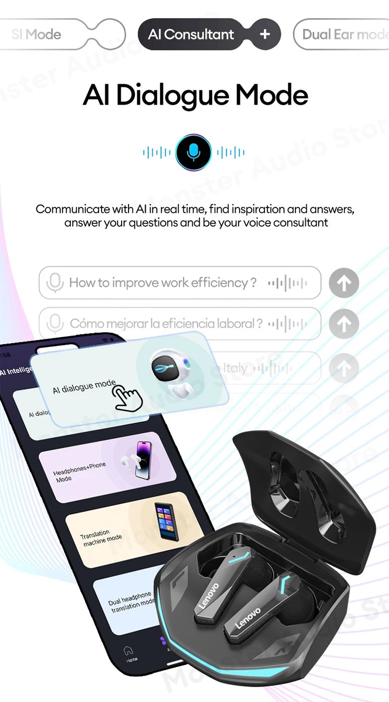 Lenovo GM2 PRO AI Voice Translation Wireless Bluetooth 5.4 Headphone Low Latency Game Headset For Meeting Recording Music Earbud