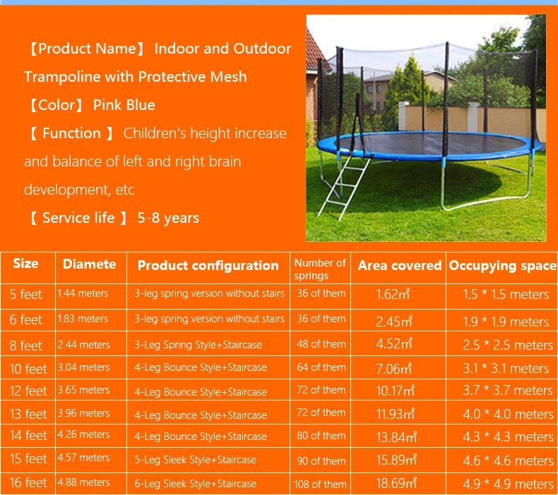 Round 5-inch to 16 inch adult and children's indoor and outdoor large trampolines, available in any color for selection