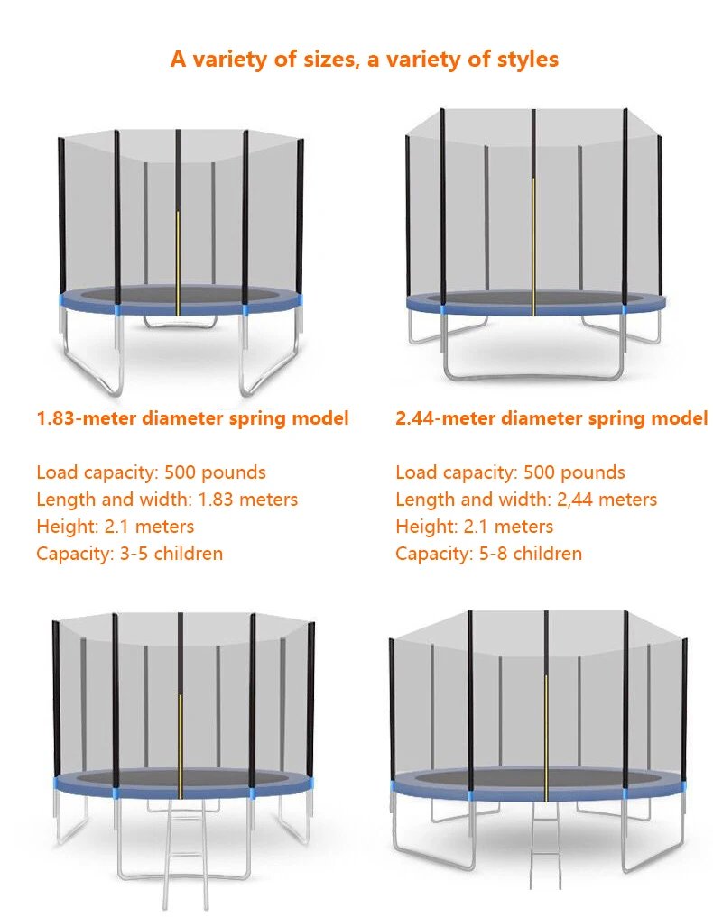 Round 5-inch to 16 inch adult and children's indoor and outdoor large trampolines, available in any color for selection