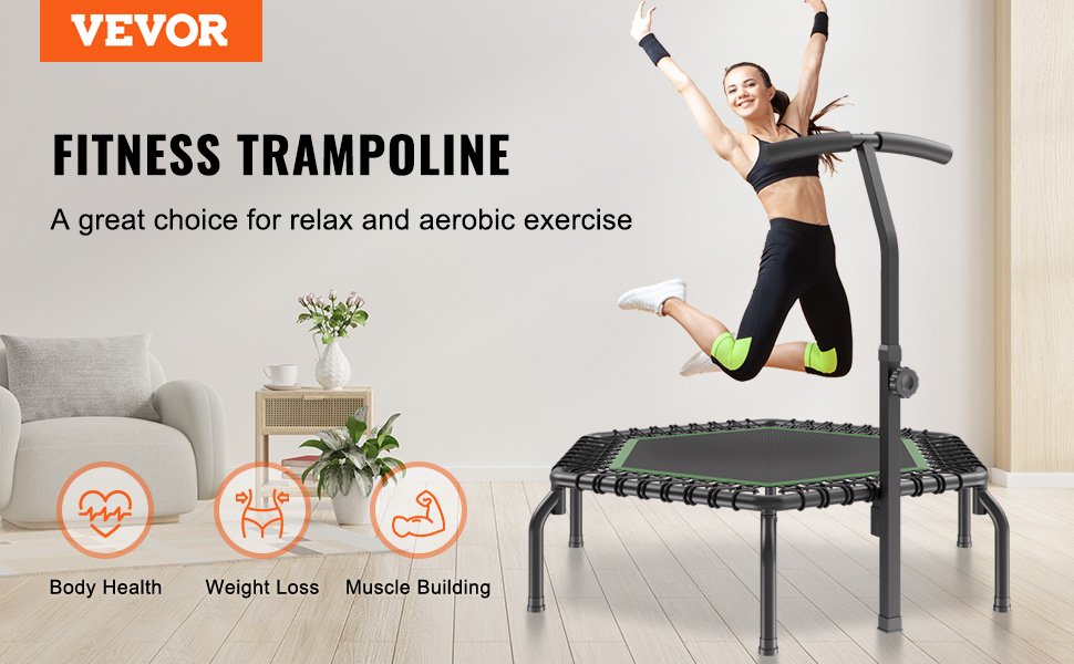 VEVOR Mini Trampoline 54.5 Inch Fitness Rebounder Exercise Trampoline Stable & Quiet with 3 Levels Height Adjustable Foam Handle