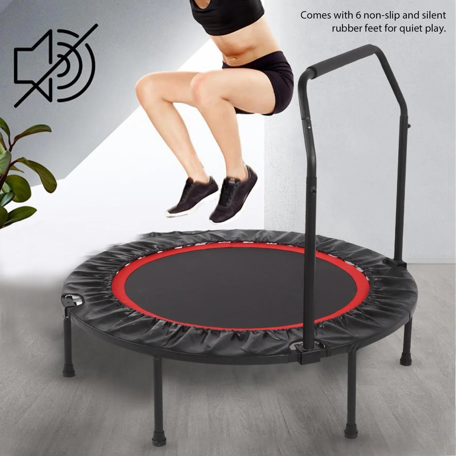 48in Folding Adults Trampoline Double Adjustable Foam Armrests Fitness Rebounder