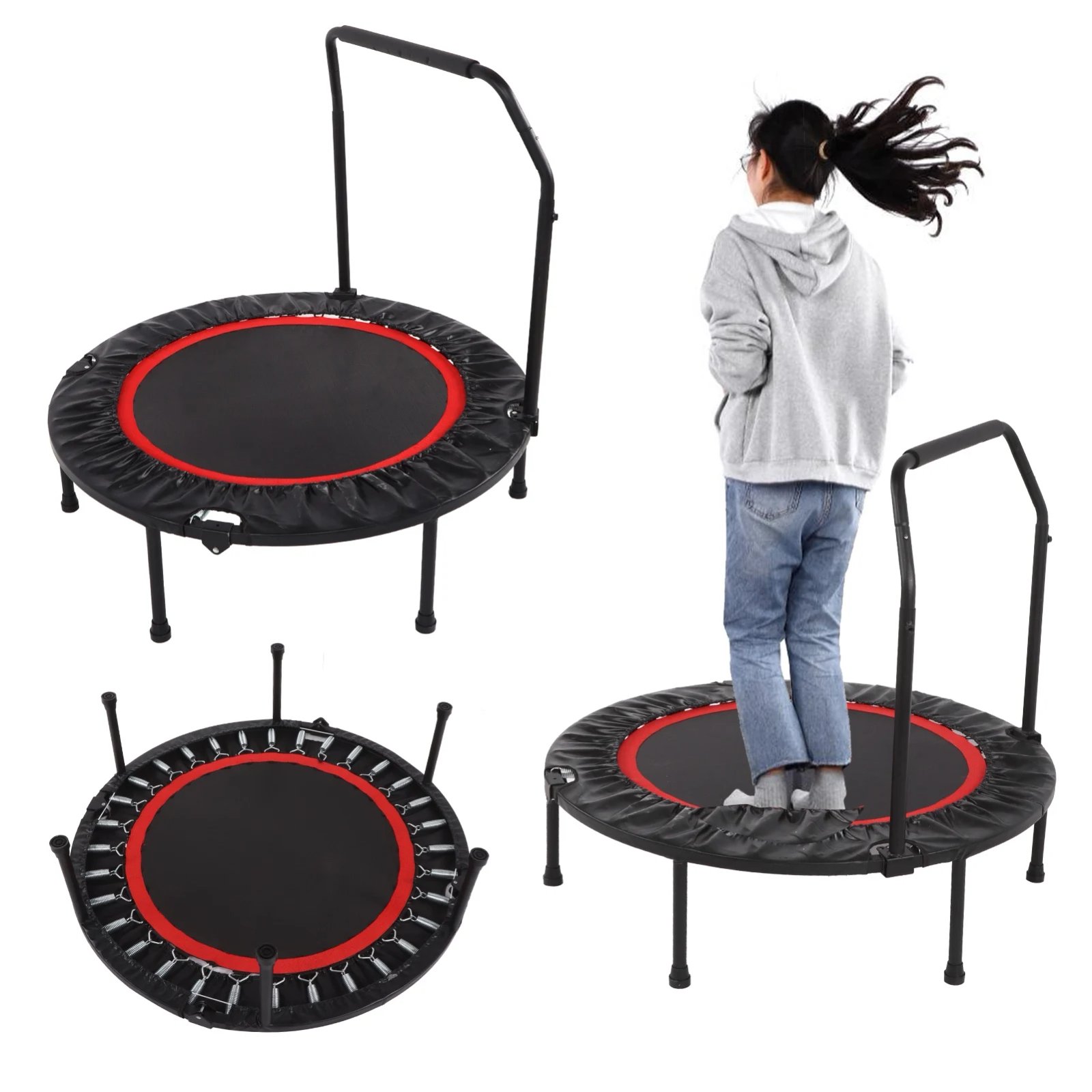 48in Folding Adults Trampoline Double Adjustable Foam Armrests Fitness Rebounder