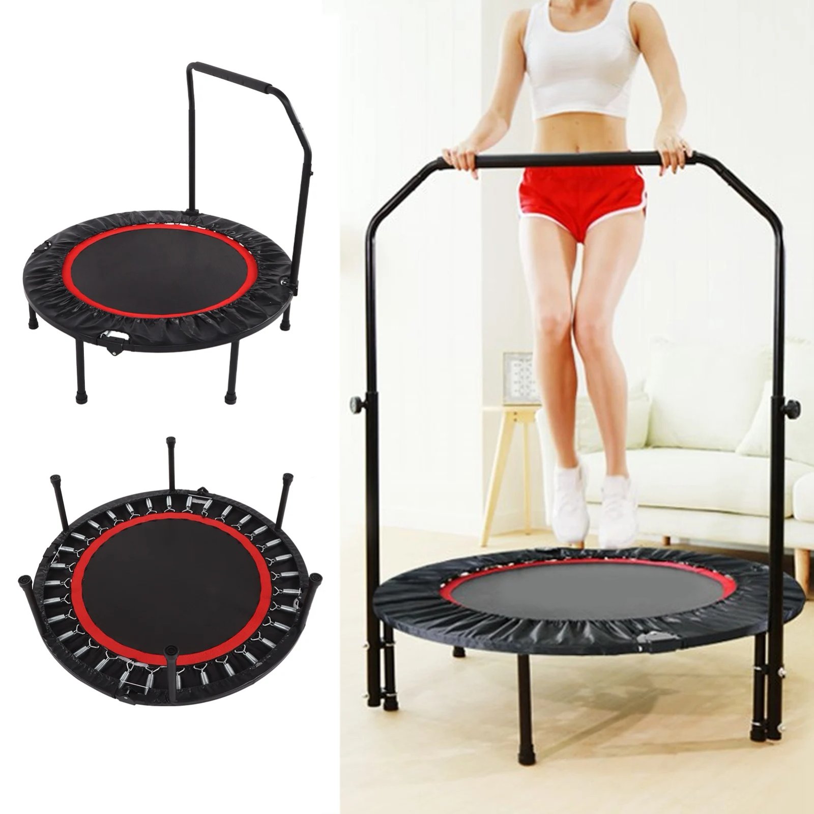 48in Folding Adults Trampoline Double Adjustable Foam Armrests Fitness Rebounder