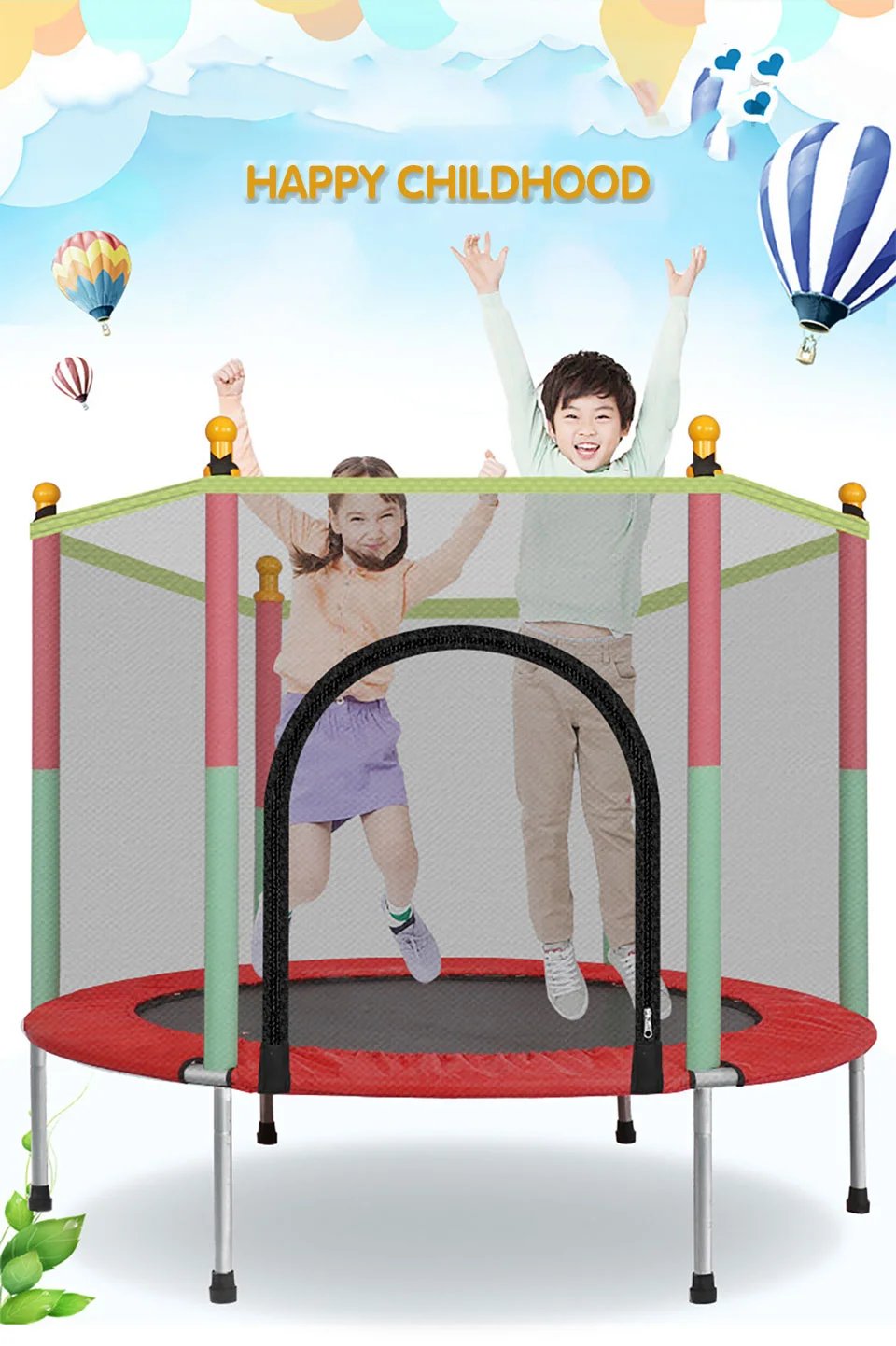 Trampoline for Children, Jumping Area and Protective Net, Door with Zipper, Maximum Load 100kg, 140cm