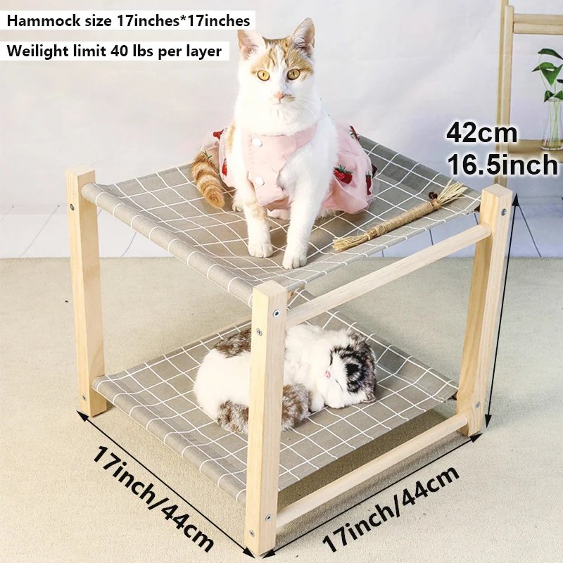 Cat Hammock Bed, Pine Wood Structure, 17.0 inches×17.0 inches 2 Layers Cat Hammocks, Elevated Cat Bed for Indoor Cats