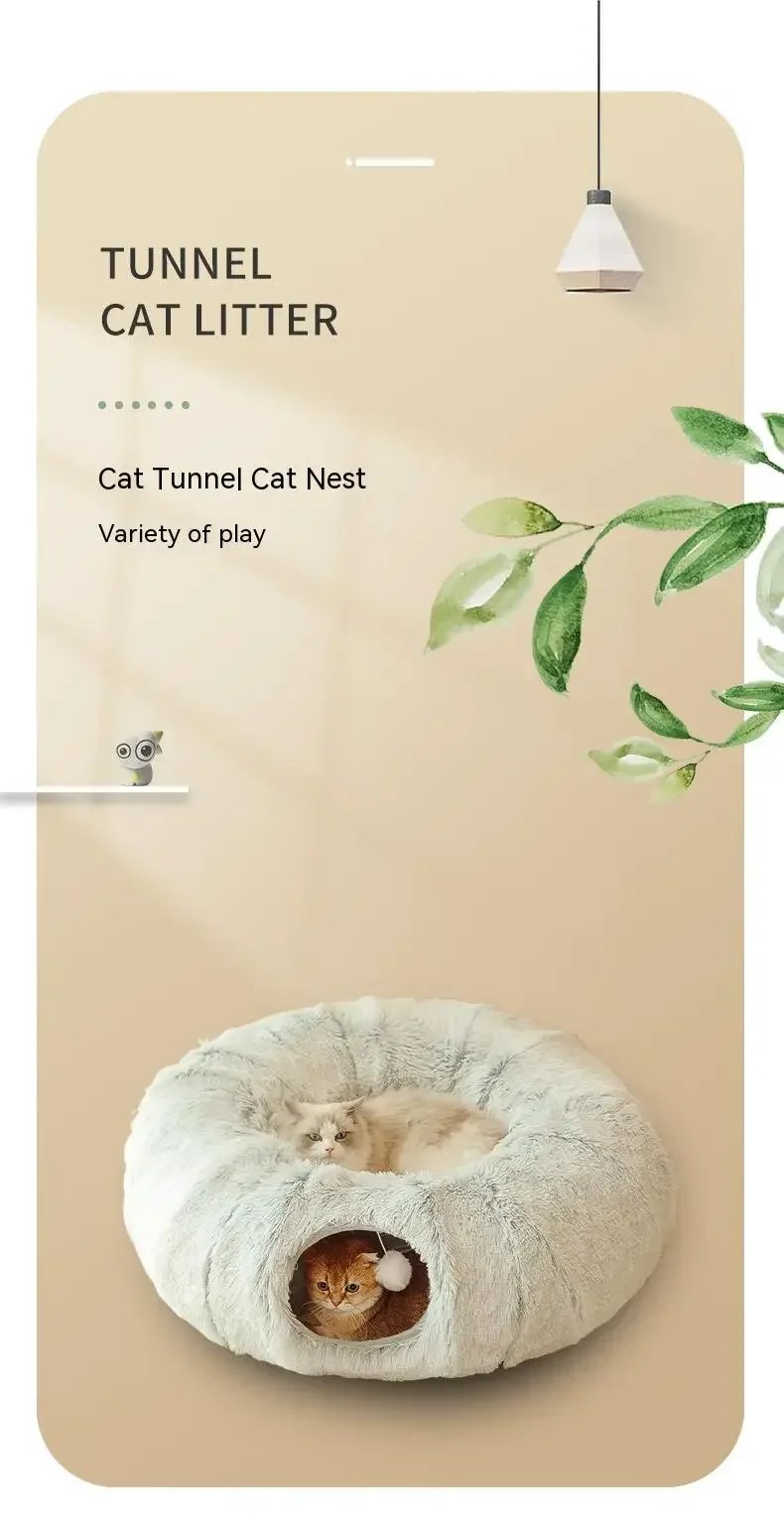 Plush Cat Bed with Tunnel for Indoor Cats Multifunctional Cat Tunnel Bed with Peephole  Fluffy Donut Cat Bed with Tunnel