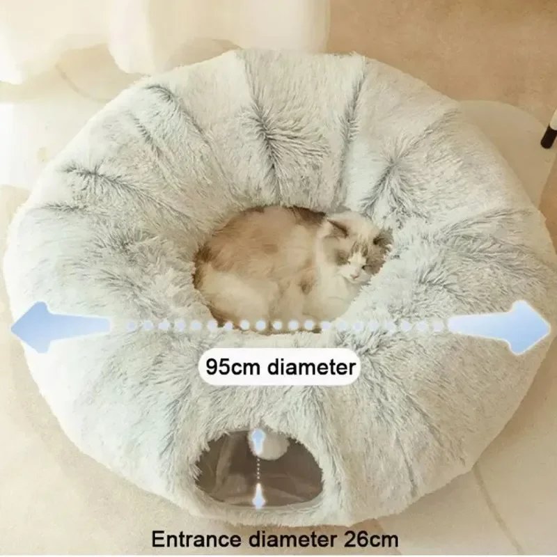 Plush Cat Bed with Tunnel for Indoor Cats Multifunctional Cat Tunnel Bed with Peephole  Fluffy Donut Cat Bed with Tunnel