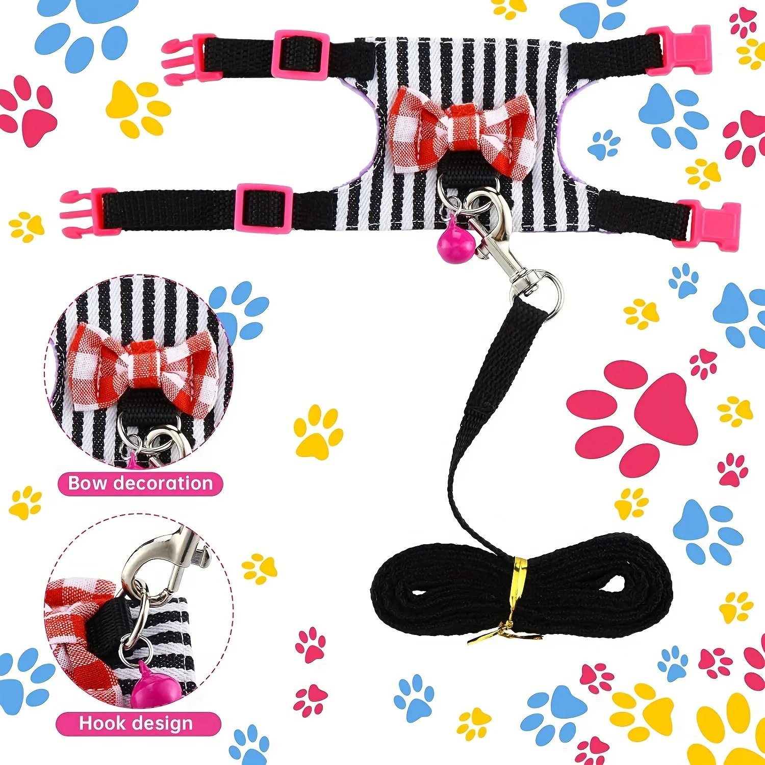 2pcs/set Hamster Harness And Leash Walking Set, Small Pet Clothes With Bow Bells, Safe And Comfortable Padded Vest, Hamster Stri