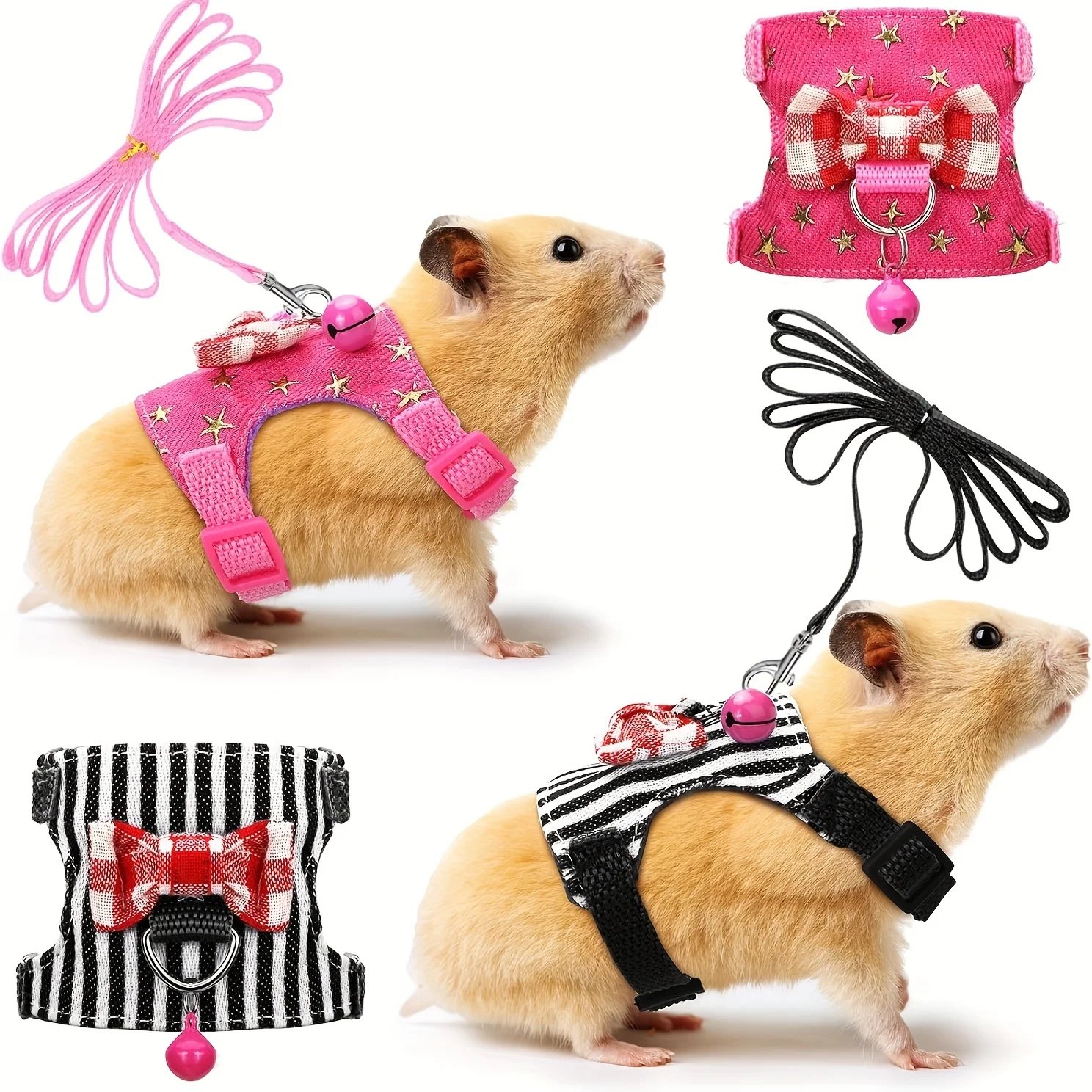 2pcs/set Hamster Harness And Leash Walking Set, Small Pet Clothes With Bow Bells, Safe And Comfortable Padded Vest, Hamster Stri