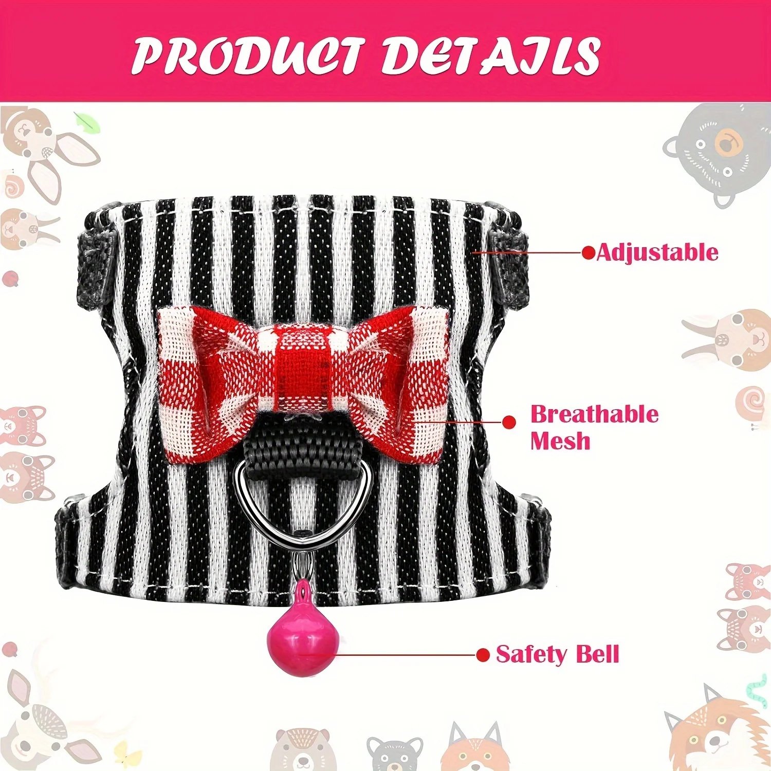 2pcs/set Hamster Harness And Leash Walking Set, Small Pet Clothes With Bow Bells, Safe And Comfortable Padded Vest, Hamster Stri