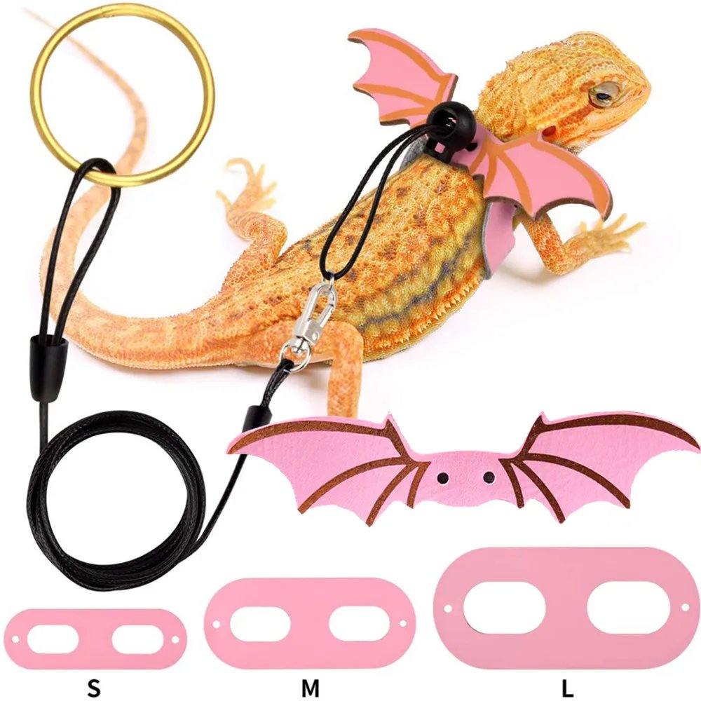 2022 New 3 Pcs Adjustable Bearded Dragon Leash With Bat Wings Soft Leather Lizard Harness For Amphibians And Other Small Reptile