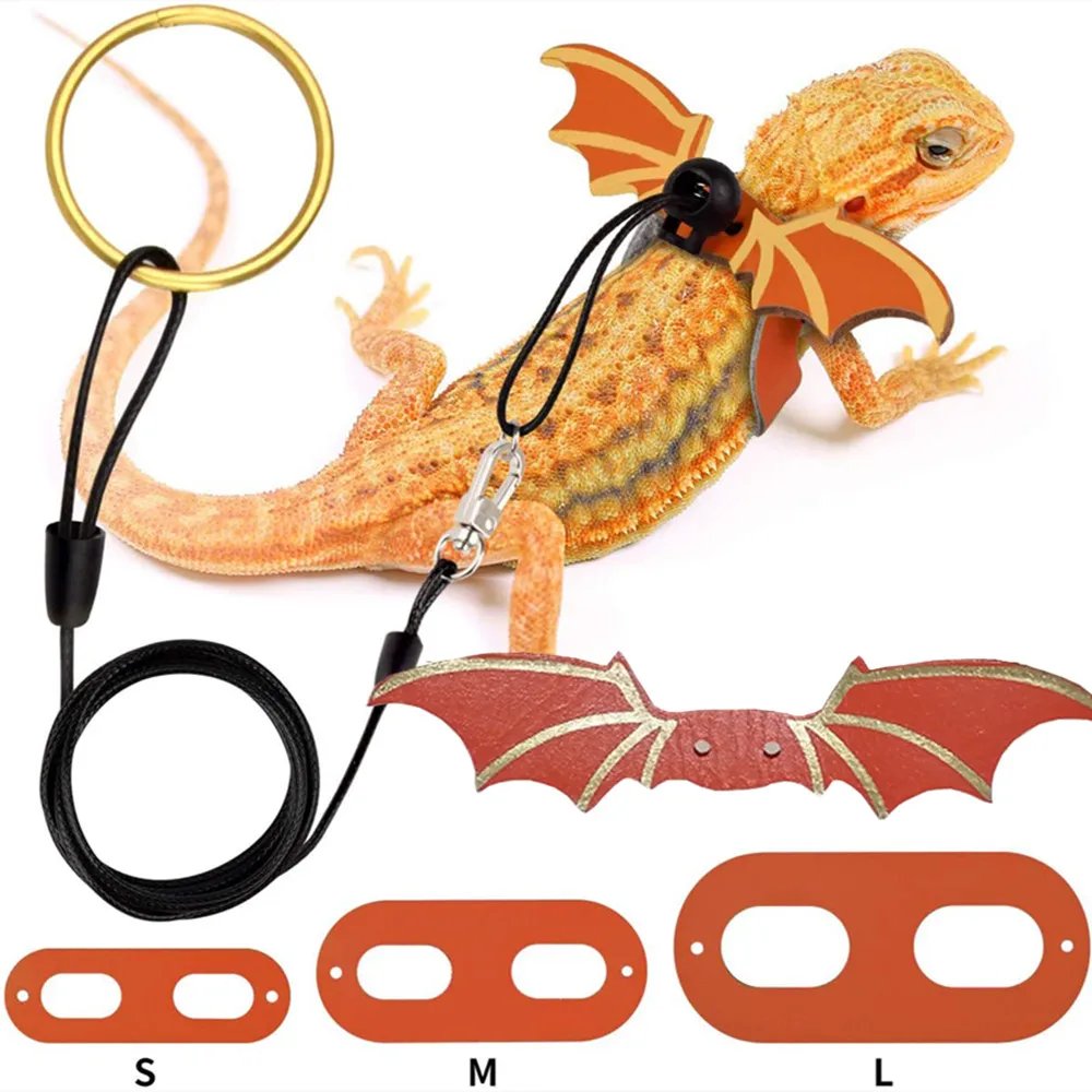 2022 New 3 Pcs Adjustable Bearded Dragon Leash With Bat Wings Soft Leather Lizard Harness For Amphibians And Other Small Reptile