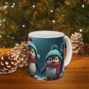 Playful Penguin Trio Mug adorable Black and White Cartoon Penguins with Big Shiny Eyes (11oz, 15oz)