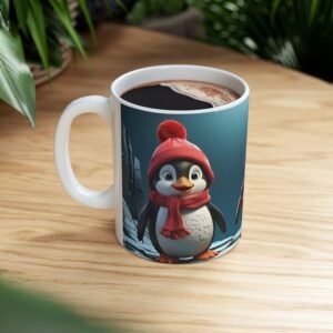 Playful Penguin Trio Mug adorable Black and White Cartoon Penguins with Big Shiny Eyes (11oz, 15oz)