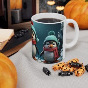 Playful Penguin Trio Mug adorable Black and White Cartoon Penguins with Big Shiny Eyes (11oz, 15oz)