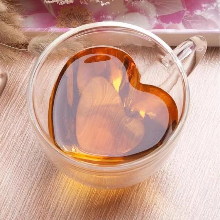 Heart Love Shaped Glass Mug Double Wall Coffee Cup Insulated Tea Milk Lemon Juice Water Cup Heat Resistant Drinkware Lover Gift