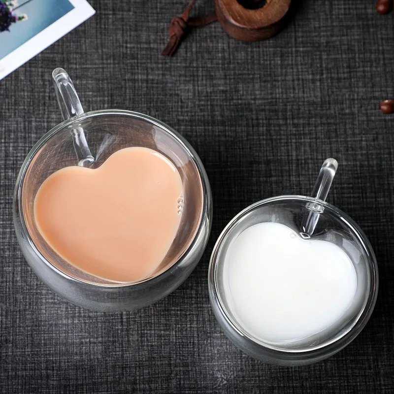 Heart Love Shaped Glass Mug Double Wall Coffee Cup Insulated Tea Milk Lemon Juice Water Cup Heat Resistant Drinkware Lover Gift