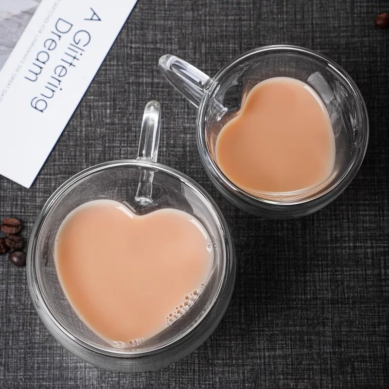 Heart Love Shaped Glass Mug Double Wall Coffee Cup Insulated Tea Milk Lemon Juice Water Cup Heat Resistant Drinkware Lover Gift