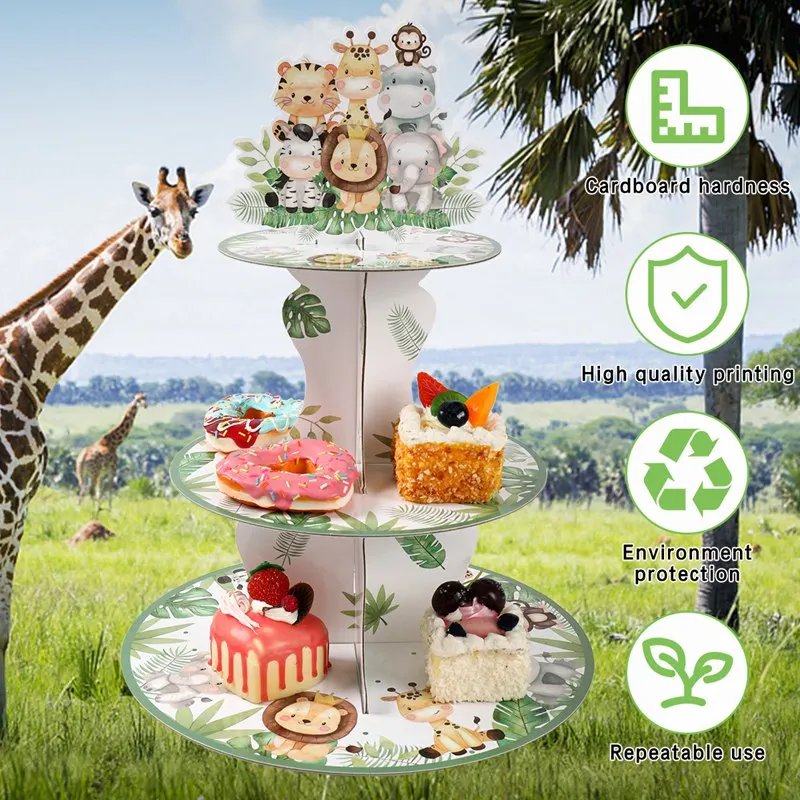 Jungle Animals Safari Cupcake Stand Baby Shower 1st Birthday Party Decorations Kids Disposable Tableware Wild One Party Supplies