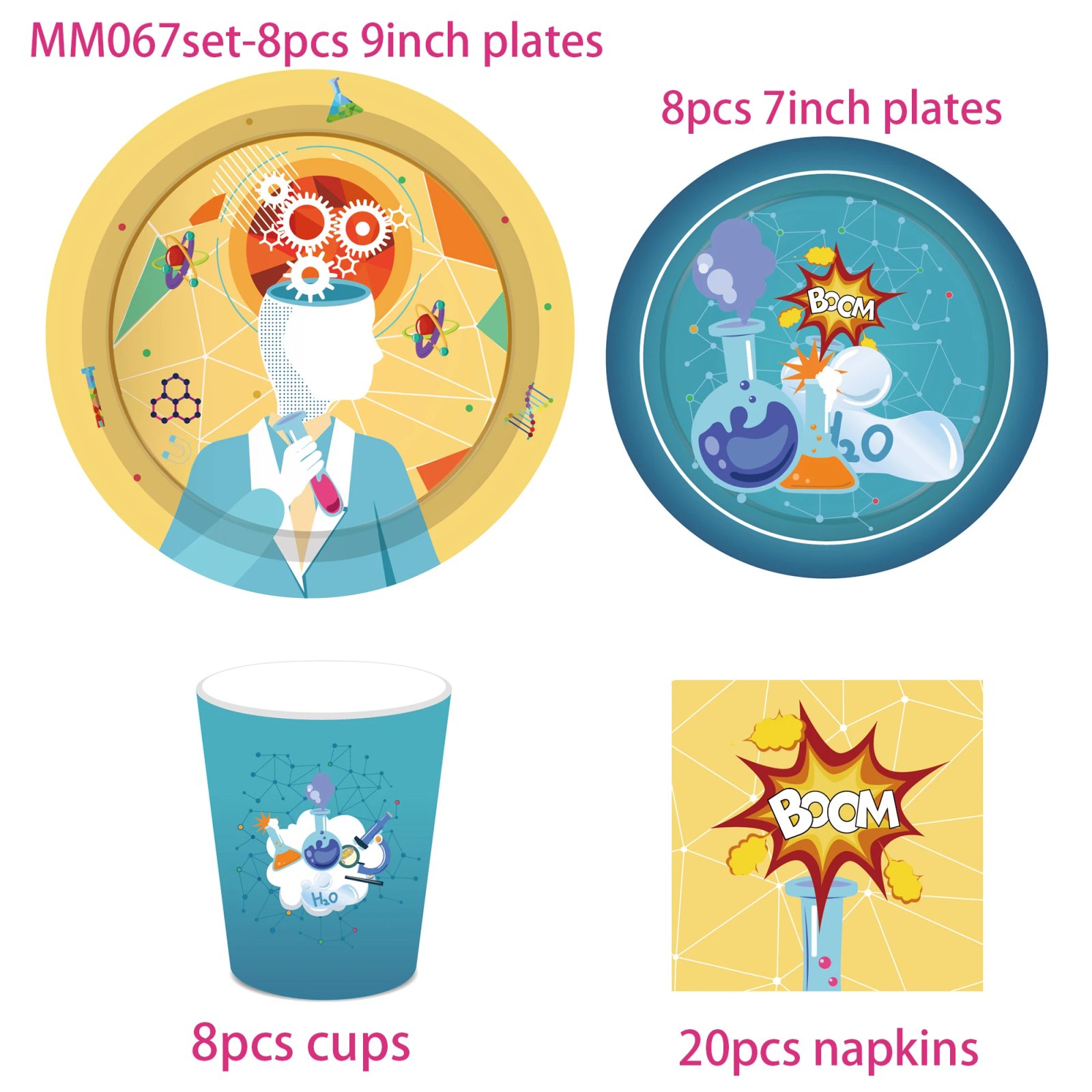 Cartoon Cool Science Disposable Tableware Sets Scientist Chemical DNA Experiment Baby Shower Birthday Party Dining Table Decor