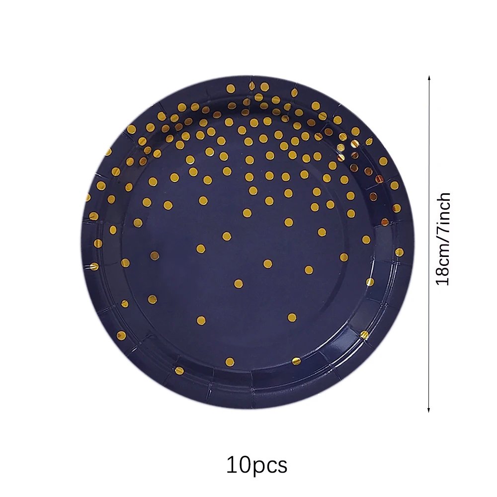 Dark Blue Gold Dot Disposable Tableware Set Paper Plates Cups Napkins Straw for Birthday Party Decoration Supplies Table Decor