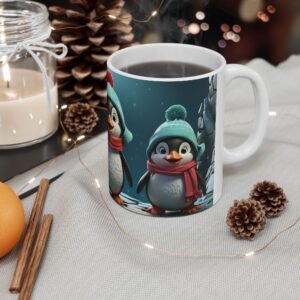 Playful Penguin Trio Mug adorable Black and White Cartoon Penguins with Big Shiny Eyes (11oz, 15oz)