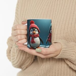 Playful Penguin Trio Mug adorable Black and White Cartoon Penguins with Big Shiny Eyes (11oz, 15oz)